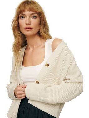 Reformation Jessa Cream Cropped Cotton Button-Front Cardigan Sweater